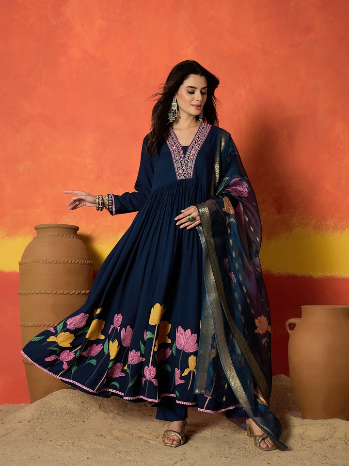 Blue Floral Printed &amp; Embroidered Rayon Anarkali Kurta Pant Dupatta Set