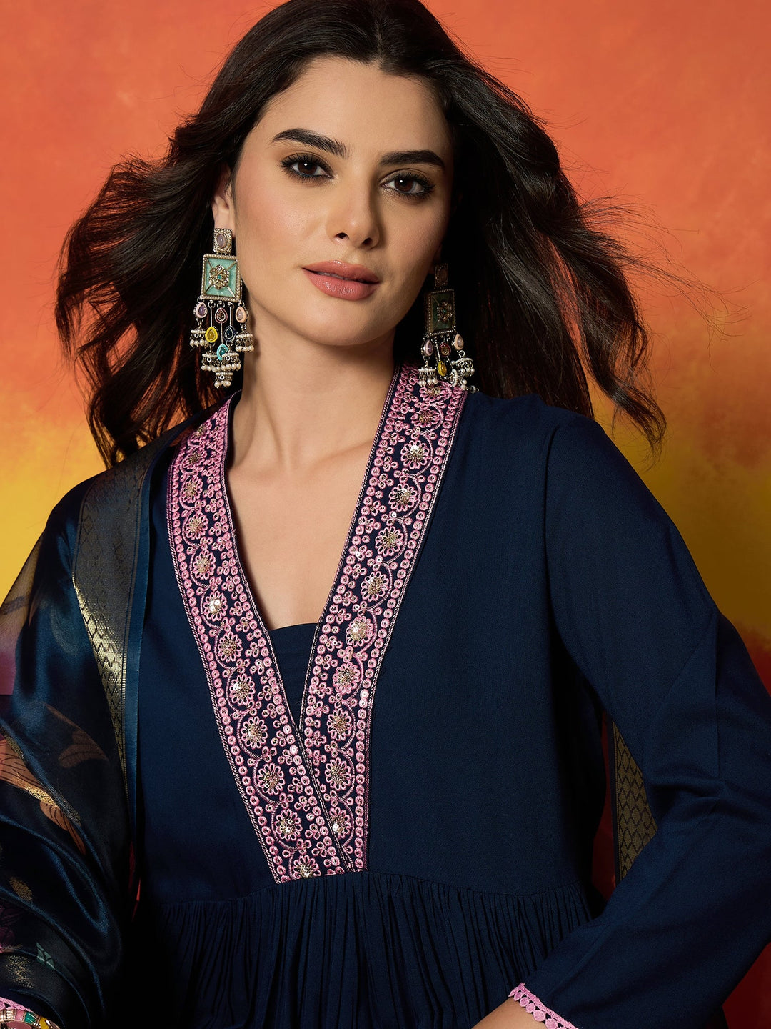 Blue Floral Printed &amp; Embroidered Rayon Anarkali Kurta Pant Dupatta Set