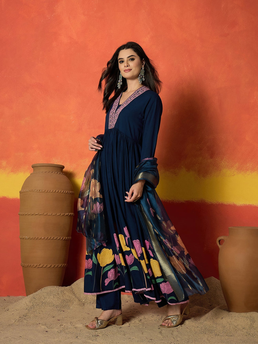 Blue Floral Printed &amp; Embroidered Rayon Anarkali Kurta Pant Dupatta Set