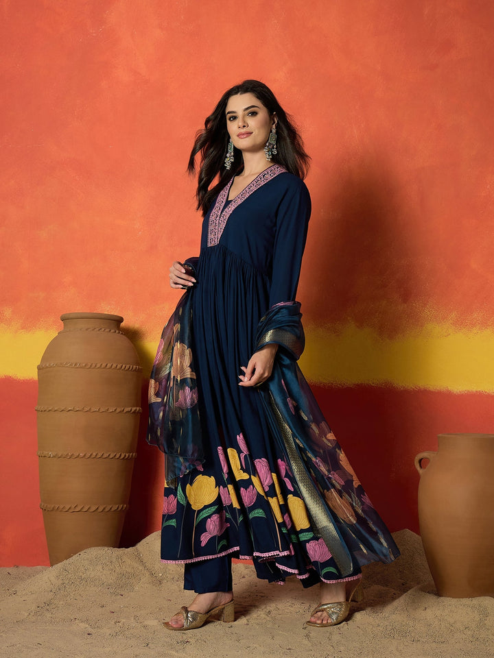 Blue Floral Printed &amp; Embroidered Rayon Anarkali Kurta Pant Dupatta Set