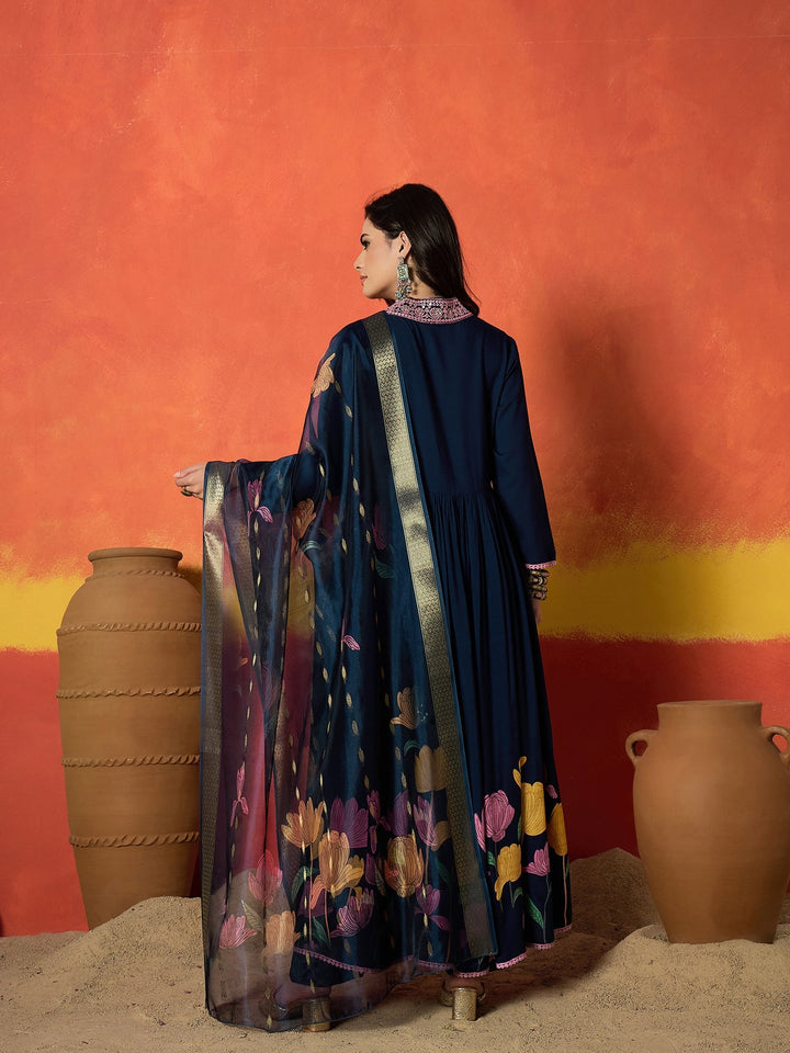 Blue Floral Printed &amp; Embroidered Rayon Anarkali Kurta Pant Dupatta Set
