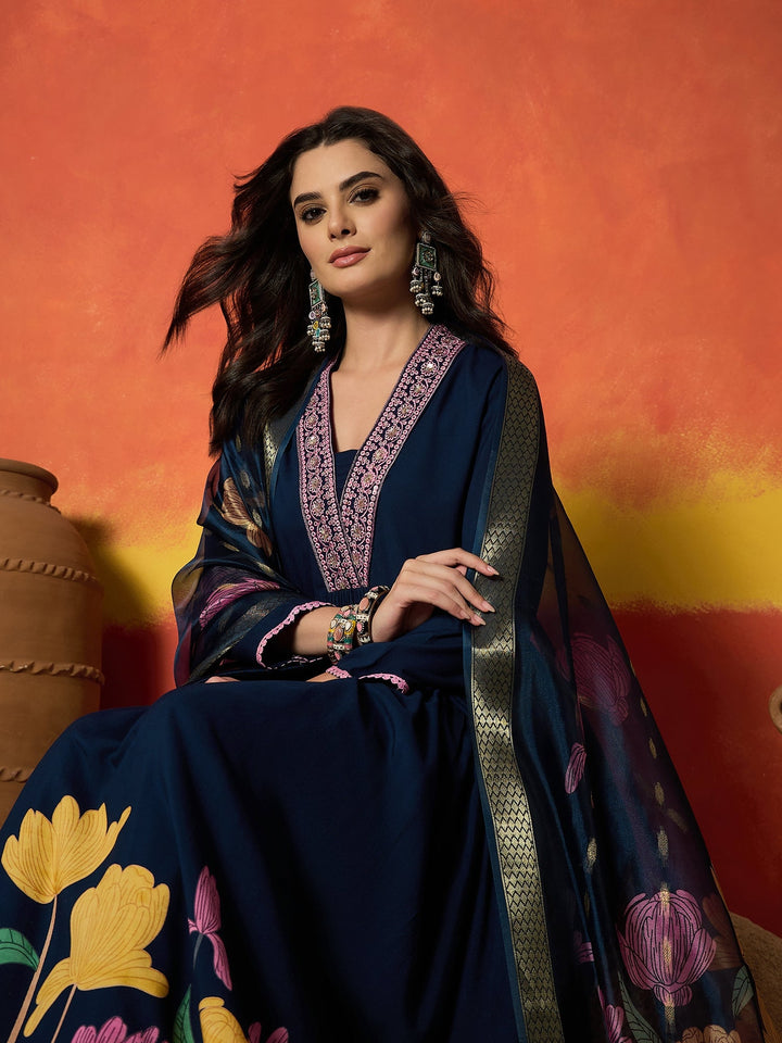Blue Floral Printed &amp; Embroidered Rayon Anarkali Kurta Pant Dupatta Set