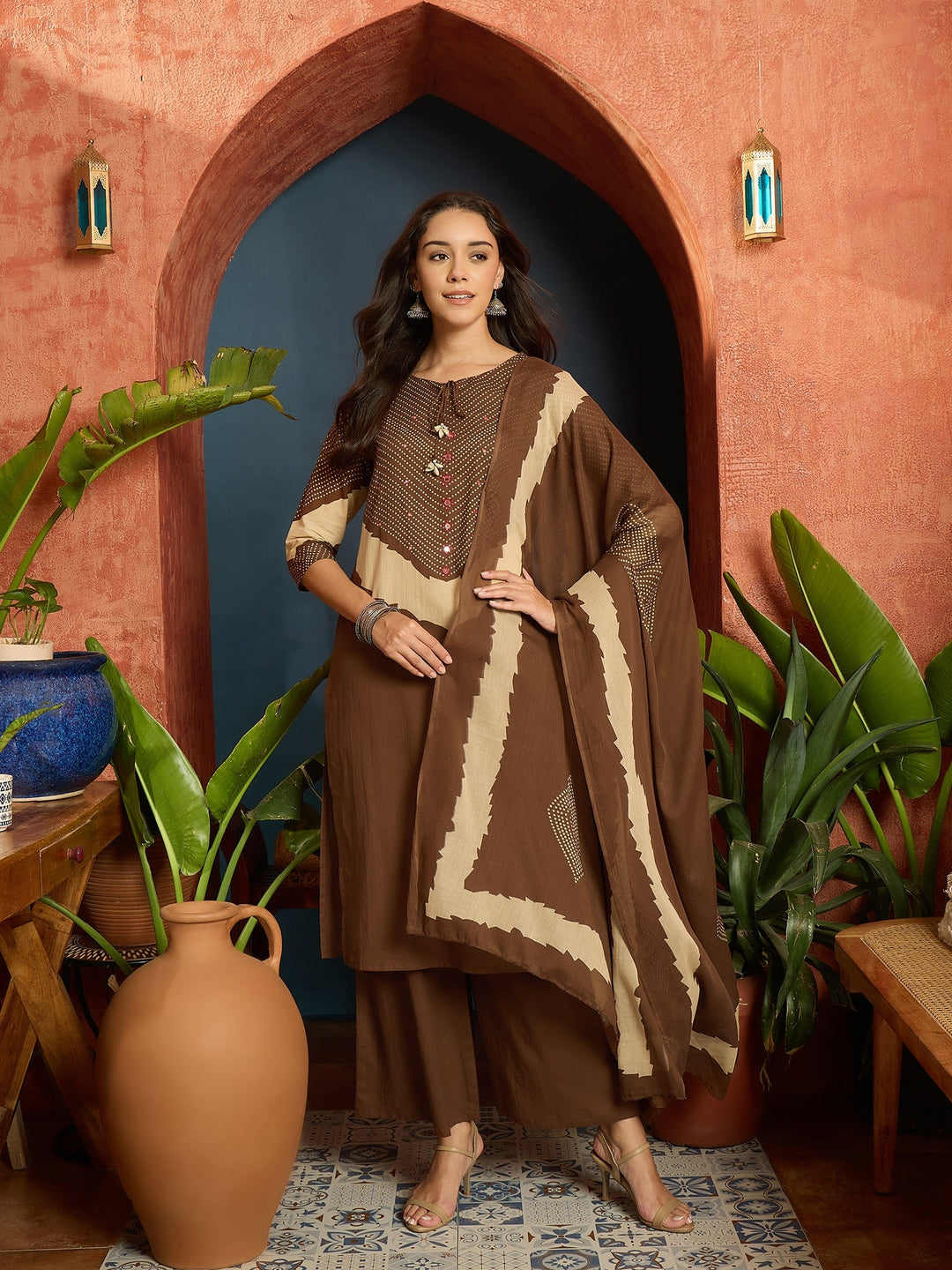 Brown Bandhej Printed Cotton Straight Kurta Pant Dupatta Set