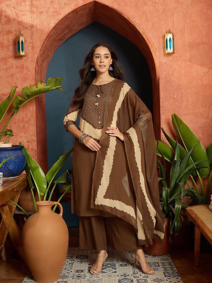 Brown Bandhej Printed Cotton Straight Kurta Pant Dupatta Set