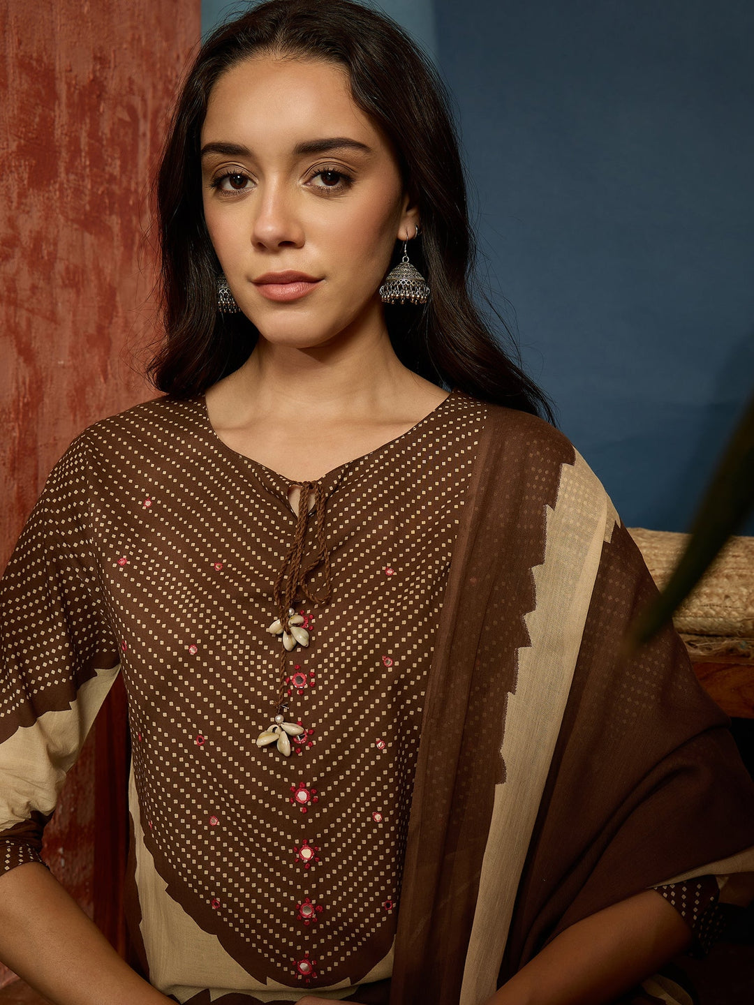 Brown Bandhej Printed Cotton Straight Kurta Pant Dupatta Set