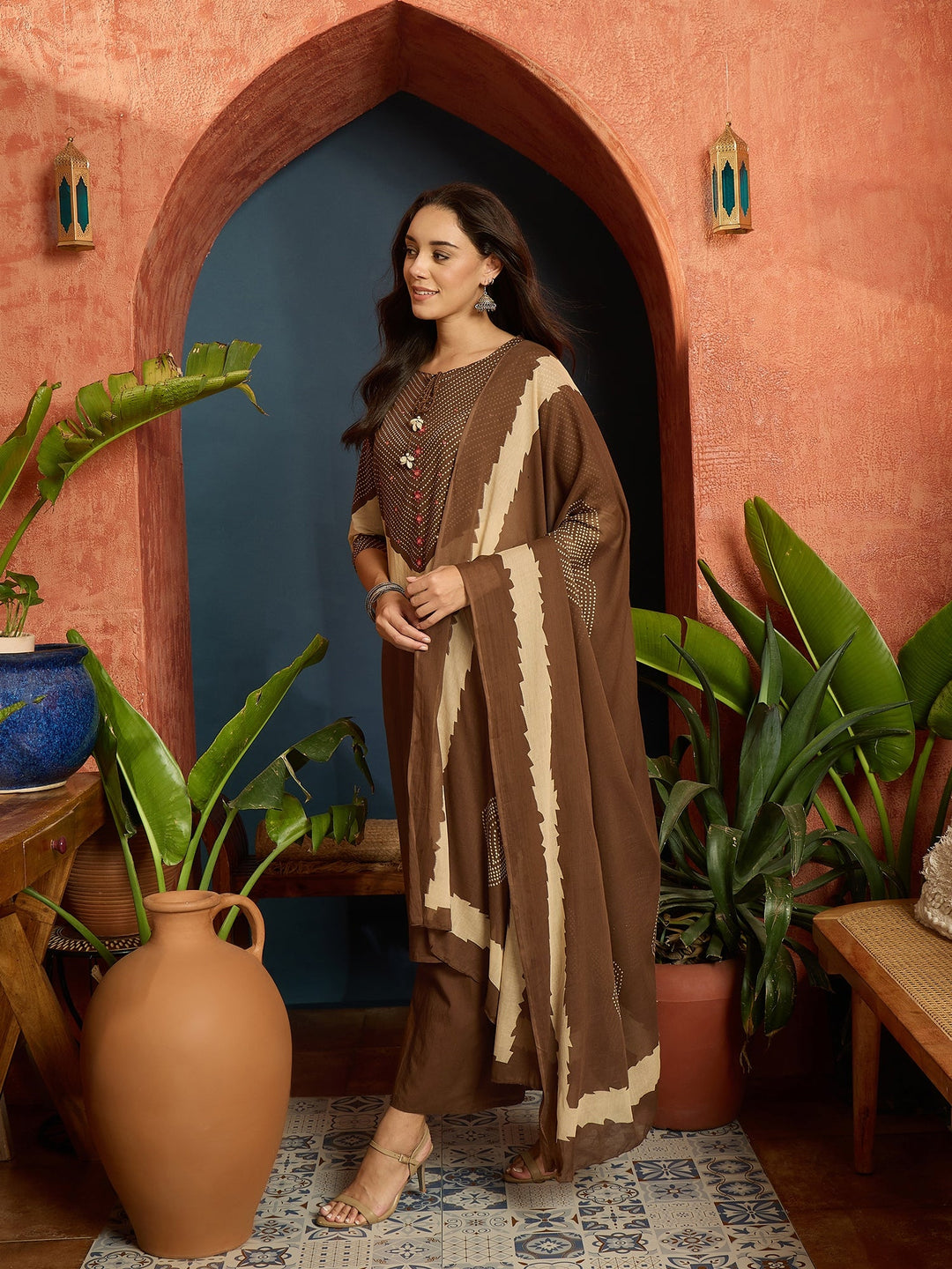 Brown Bandhej Printed Cotton Straight Kurta Pant Dupatta Set
