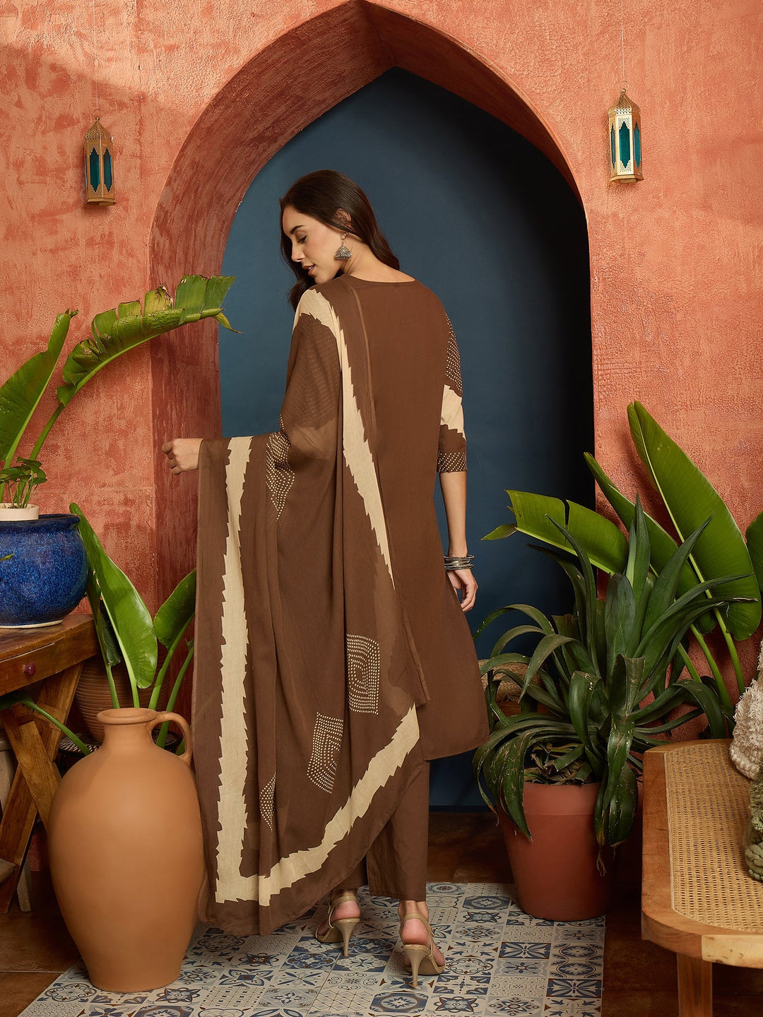 Brown Bandhej Printed Cotton Straight Kurta Pant Dupatta Set