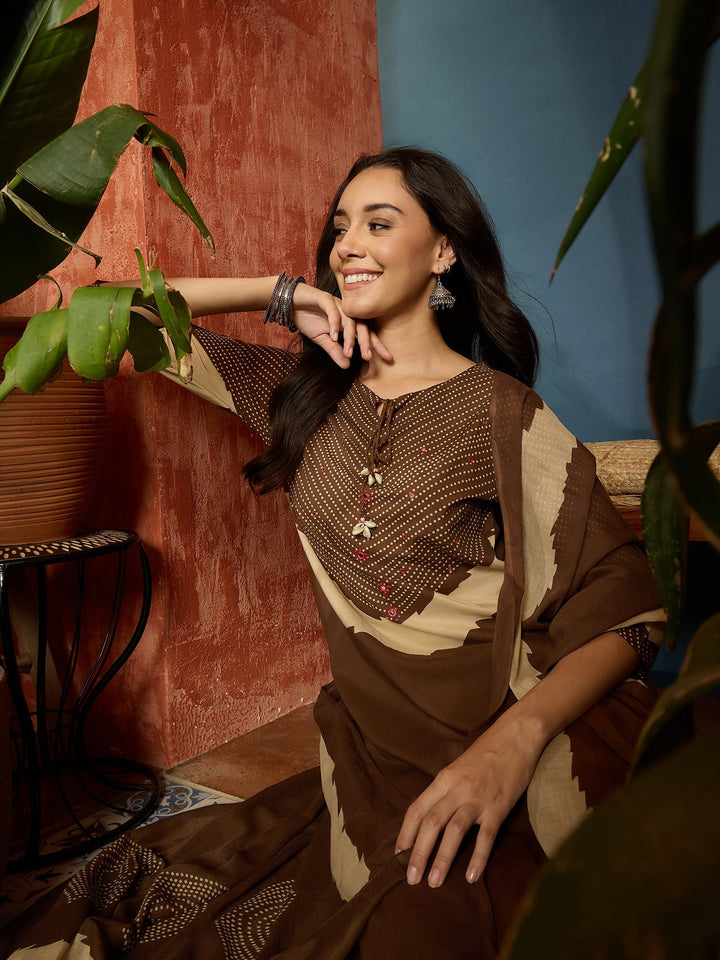 Brown Bandhej Printed Cotton Straight Kurta Pant Dupatta Set