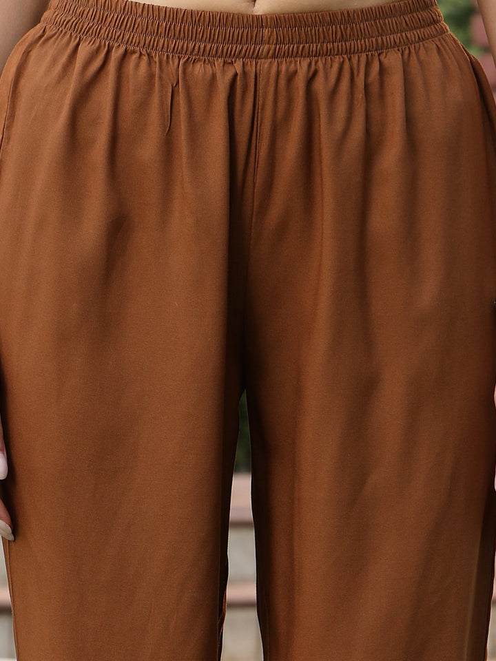 Brown Solid & Embroidered Rayon Straight Kurta Pant Dupatta Set