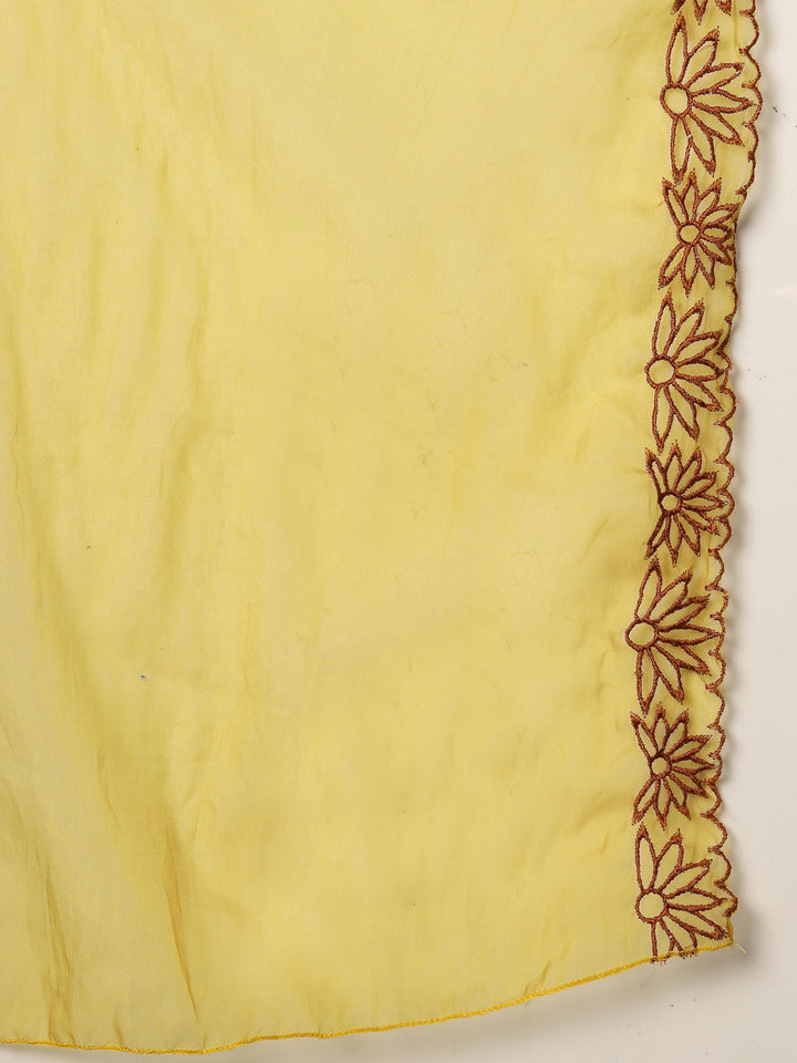 Brown Solid & Embroidered Rayon Straight Kurta Pant Dupatta Set