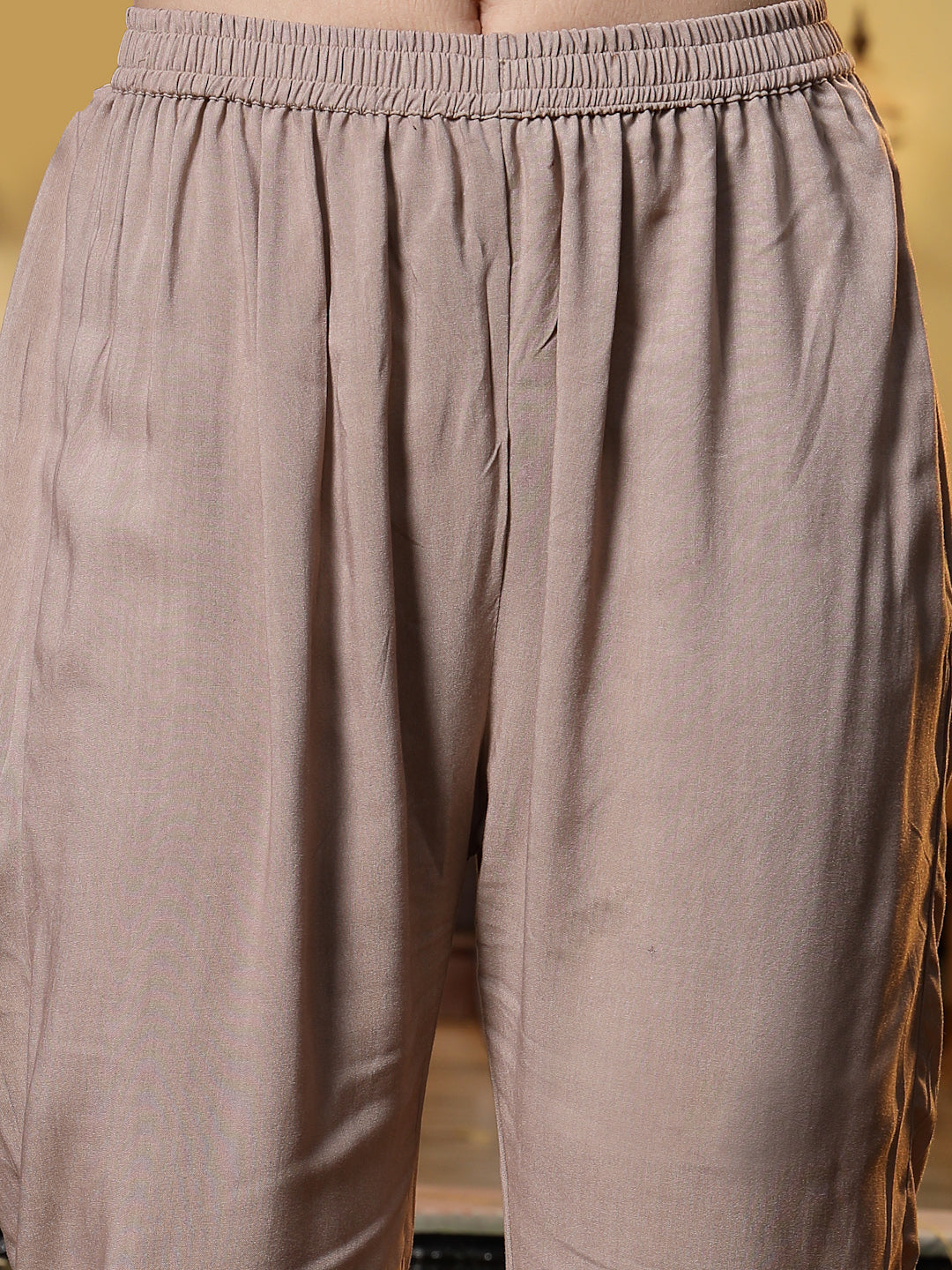 Brown Printed & Embroidered Satin Straight Kurta Pant Dupatta Set