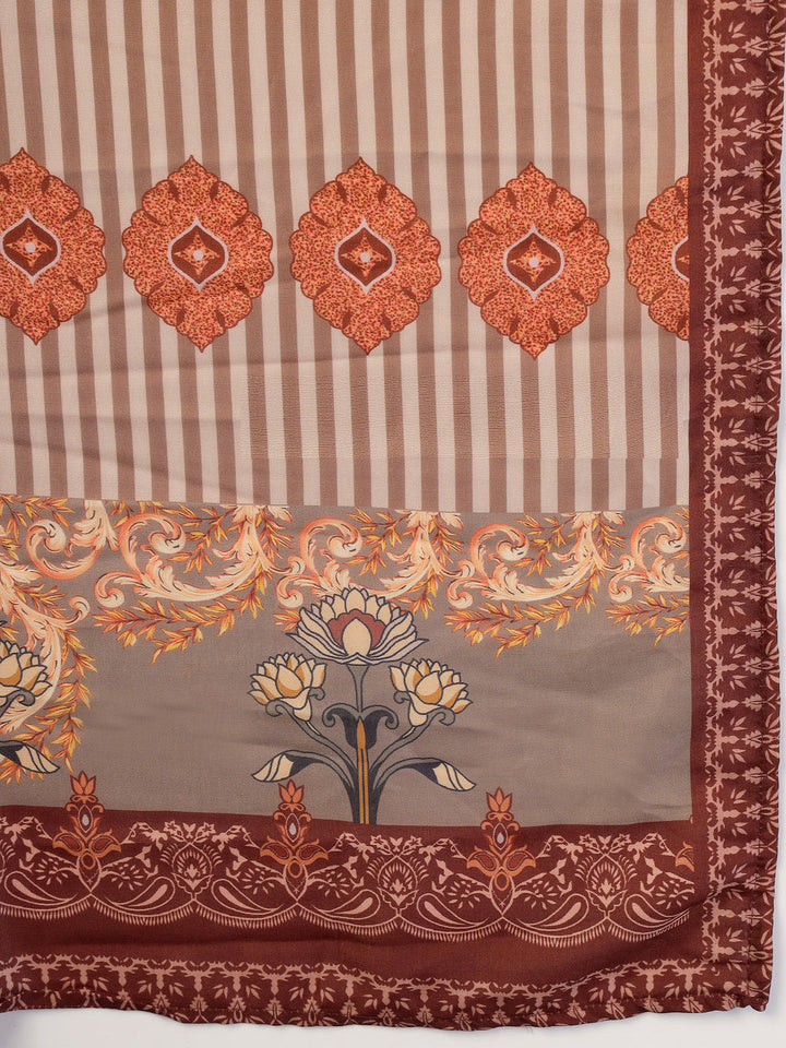 Brown Printed & Embroidered Satin Straight Kurta Pant Dupatta Set