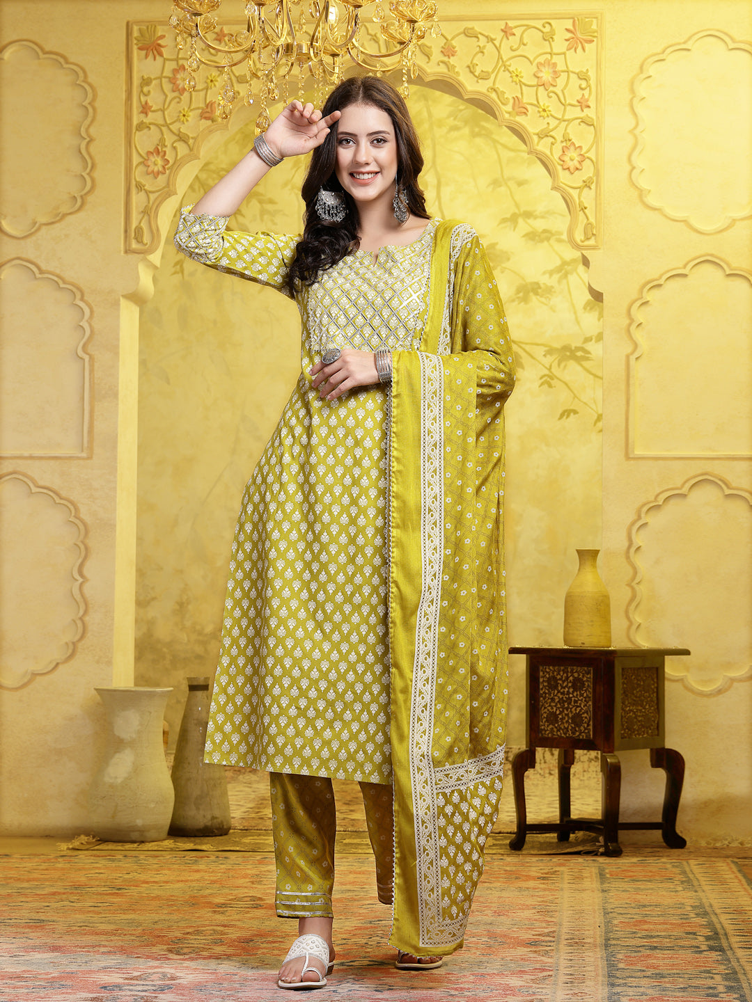 Green-Cotton-Printed-&-Embellished-Straight-3-Piece-Kurta-Set