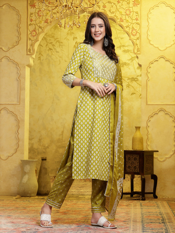 Green-Cotton-Printed-&-Embellished-Straight-3-Piece-Kurta-Set