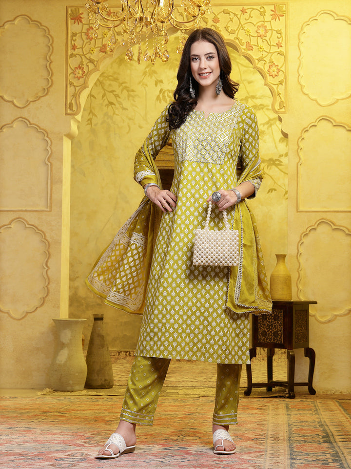 Green-Cotton-Printed-&-Embellished-Straight-3-Piece-Kurta-Set