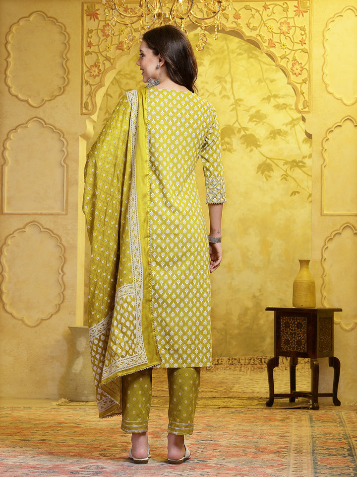 Green-Cotton-Printed-&-Embellished-Straight-3-Piece-Kurta-Set