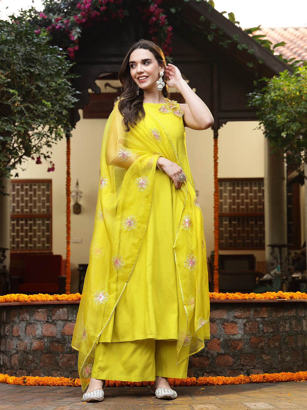 Corn-Yellow-Rayon-Embellished-Flared-3-Piece-Kurta-Set