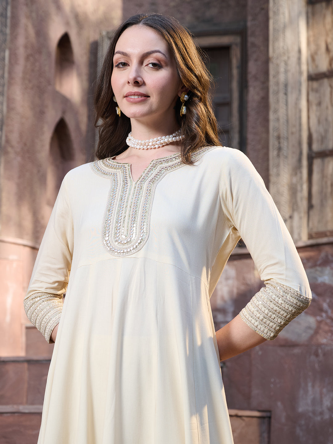 Cream-Rayon-Solid-&-Embroidered-3-Piece-Kurta-Set