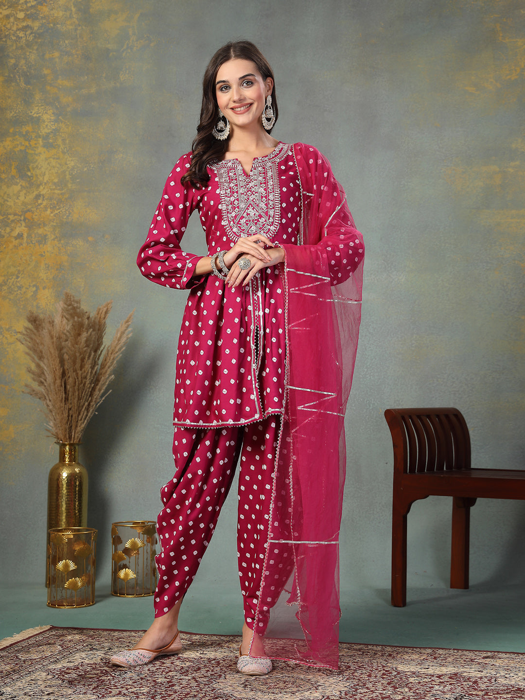 Gem-Red-Rayon-Bandhani-Printed-Kurta-&-Doti-Set
