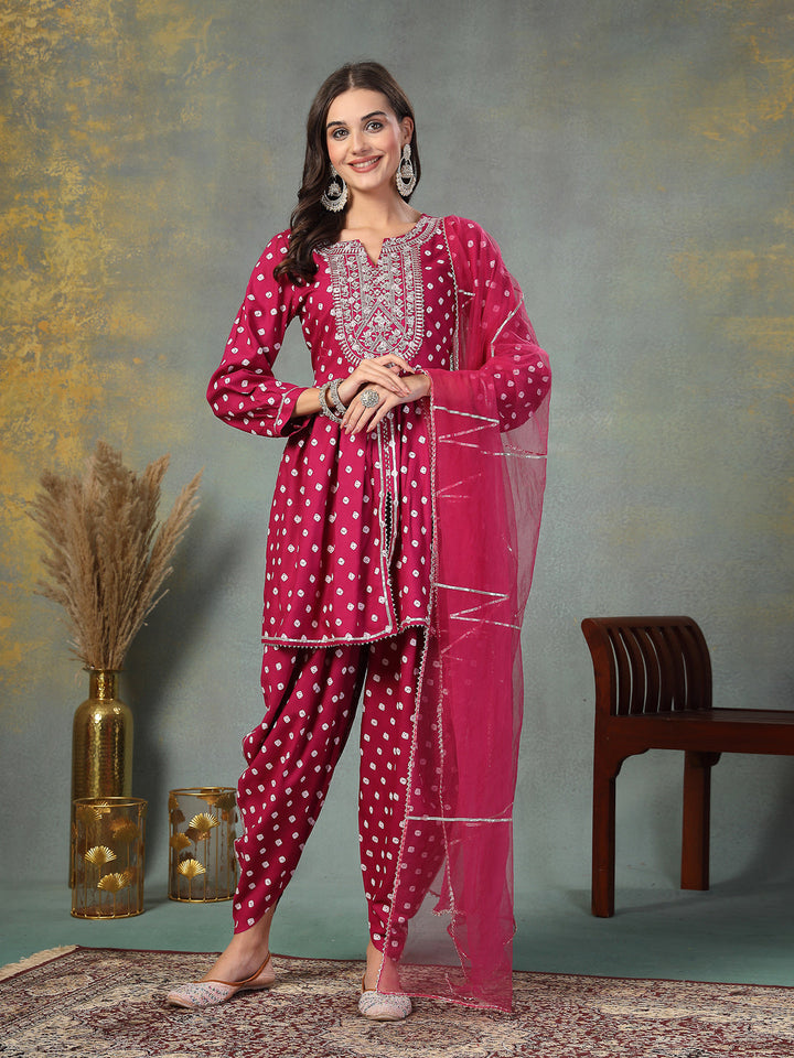 Gem-Red-Rayon-Bandhani-Printed-Kurta-&-Doti-Set