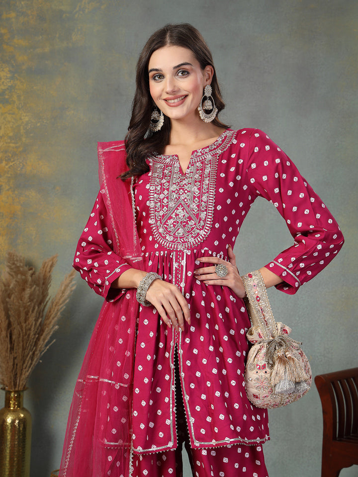 Gem-Red-Rayon-Bandhani-Printed-Kurta-&-Doti-Set