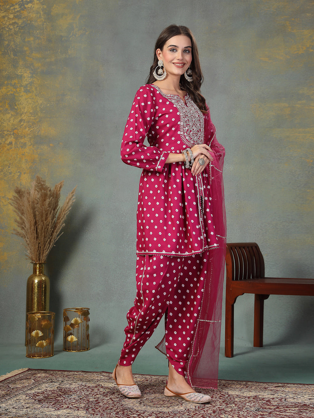 Gem-Red-Rayon-Bandhani-Printed-Kurta-&-Doti-Set
