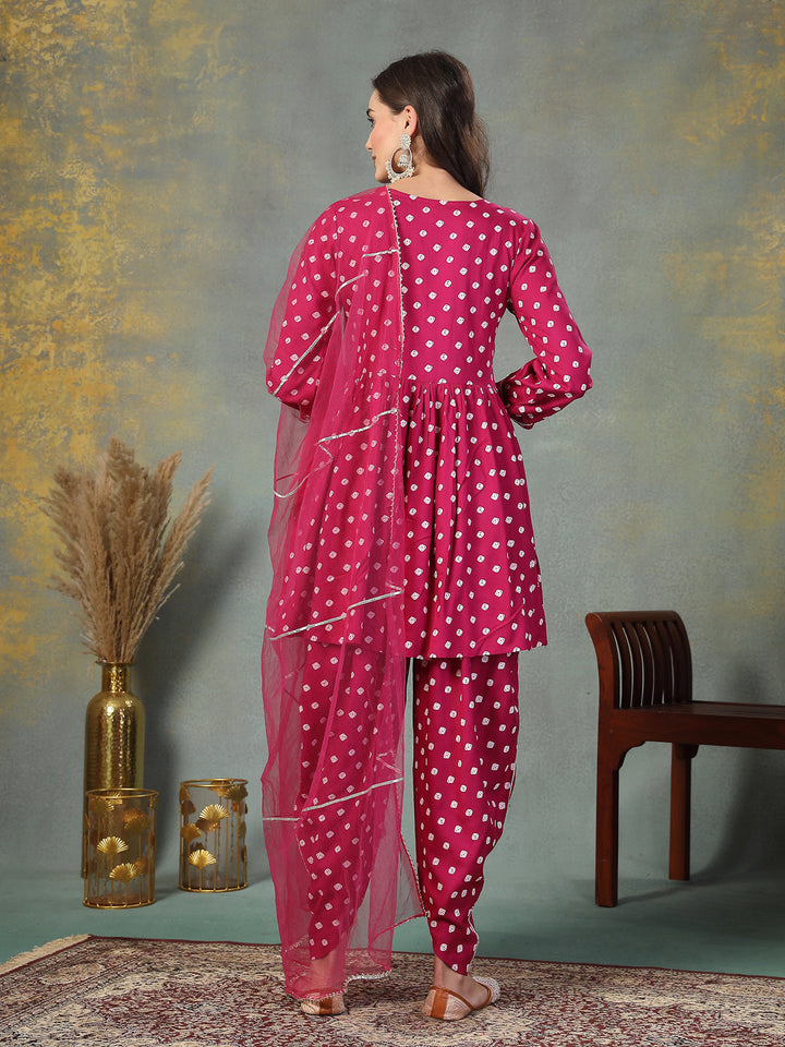Gem-Red-Rayon-Bandhani-Printed-Kurta-&-Doti-Set