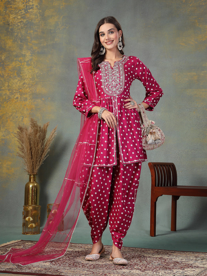 Gem-Red-Rayon-Bandhani-Printed-Kurta-&-Doti-Set
