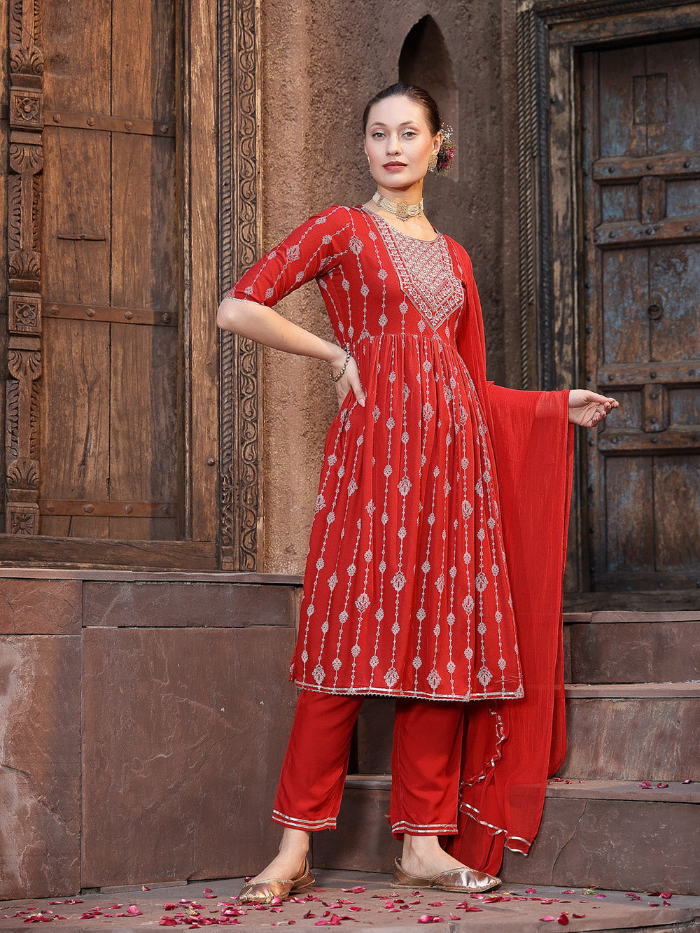 Red-Rayon-Embroidered-Naira-Cut-3-Piece-Kurta-Set