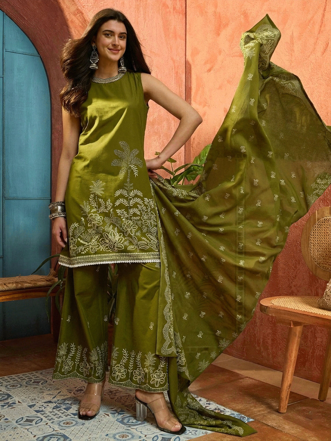 Green Solid & Embroidered Cotton Straight Kurta Palazzo Dupatta Set