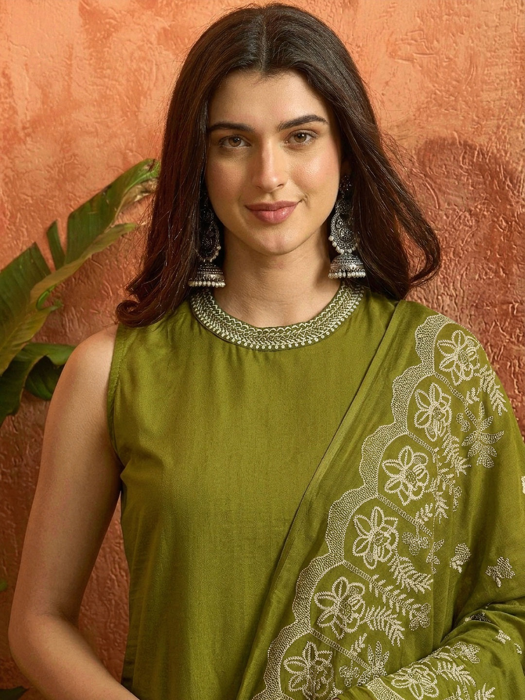 Green Solid & Embroidered Cotton Straight Kurta Palazzo Dupatta Set