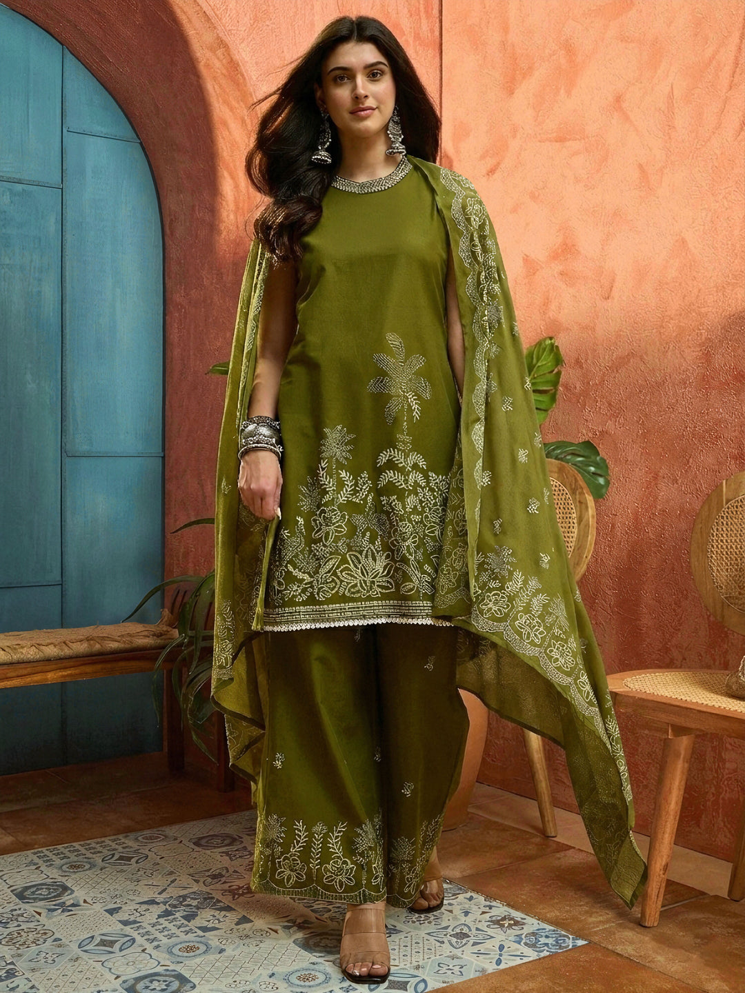 Green Solid & Embroidered Cotton Straight Kurta Palazzo Dupatta Set