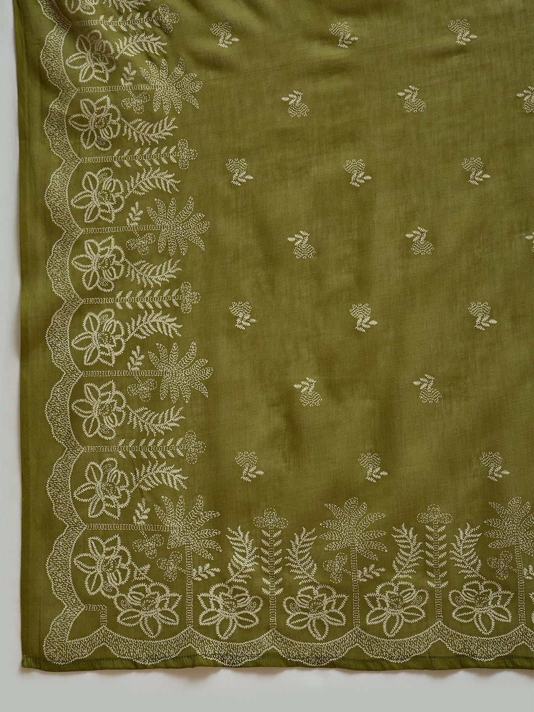 Green Solid & Embroidered Cotton Straight Kurta Palazzo Dupatta Set