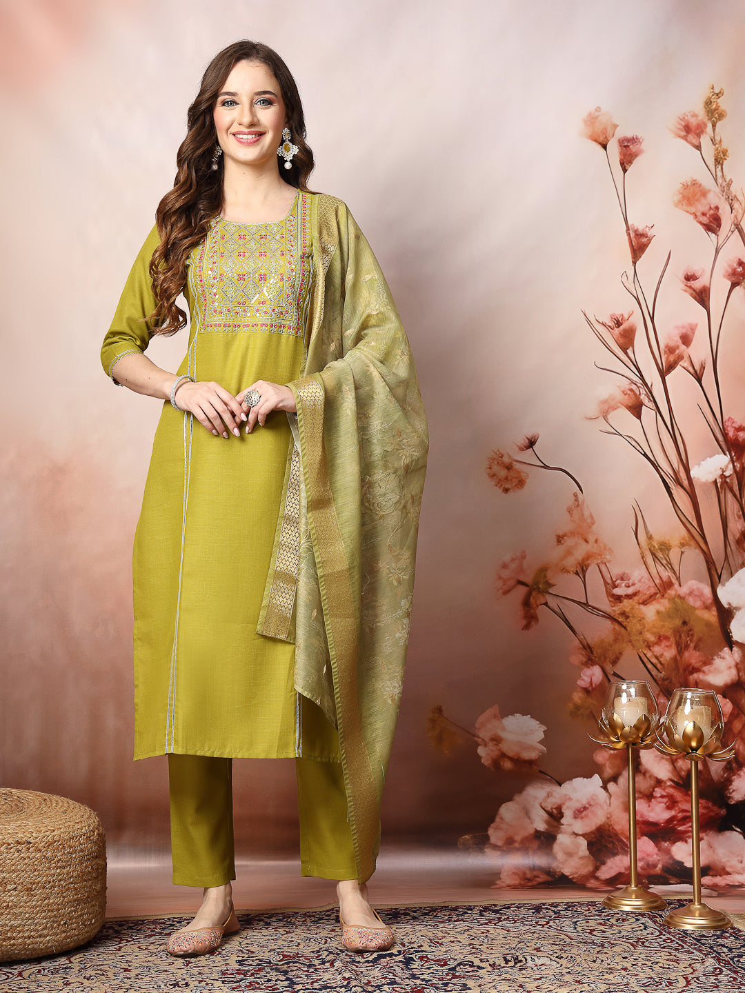 Green-Cotton-Blend-Embroidered-Straight-3-Piece-Kurta-Set