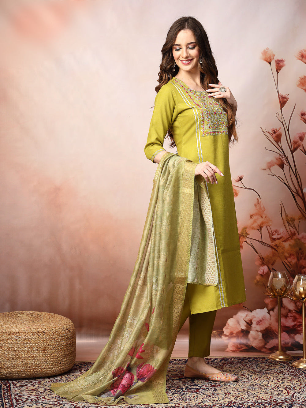 Green-Cotton-Blend-Embroidered-Straight-3-Piece-Kurta-Set