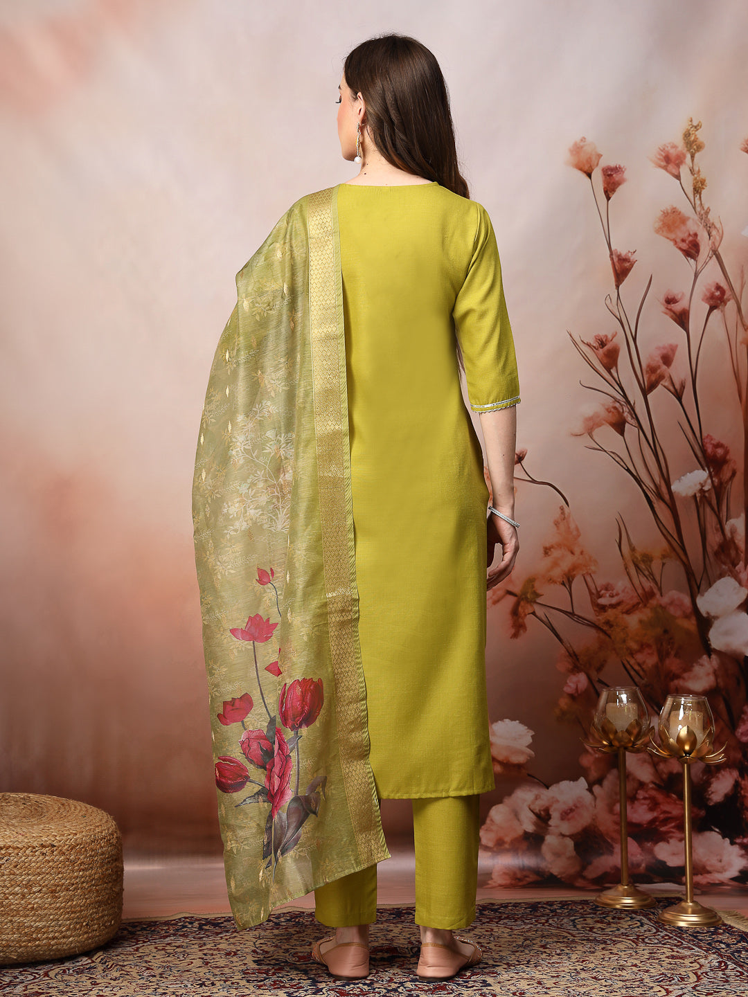Green-Cotton-Blend-Embroidered-Straight-3-Piece-Kurta-Set