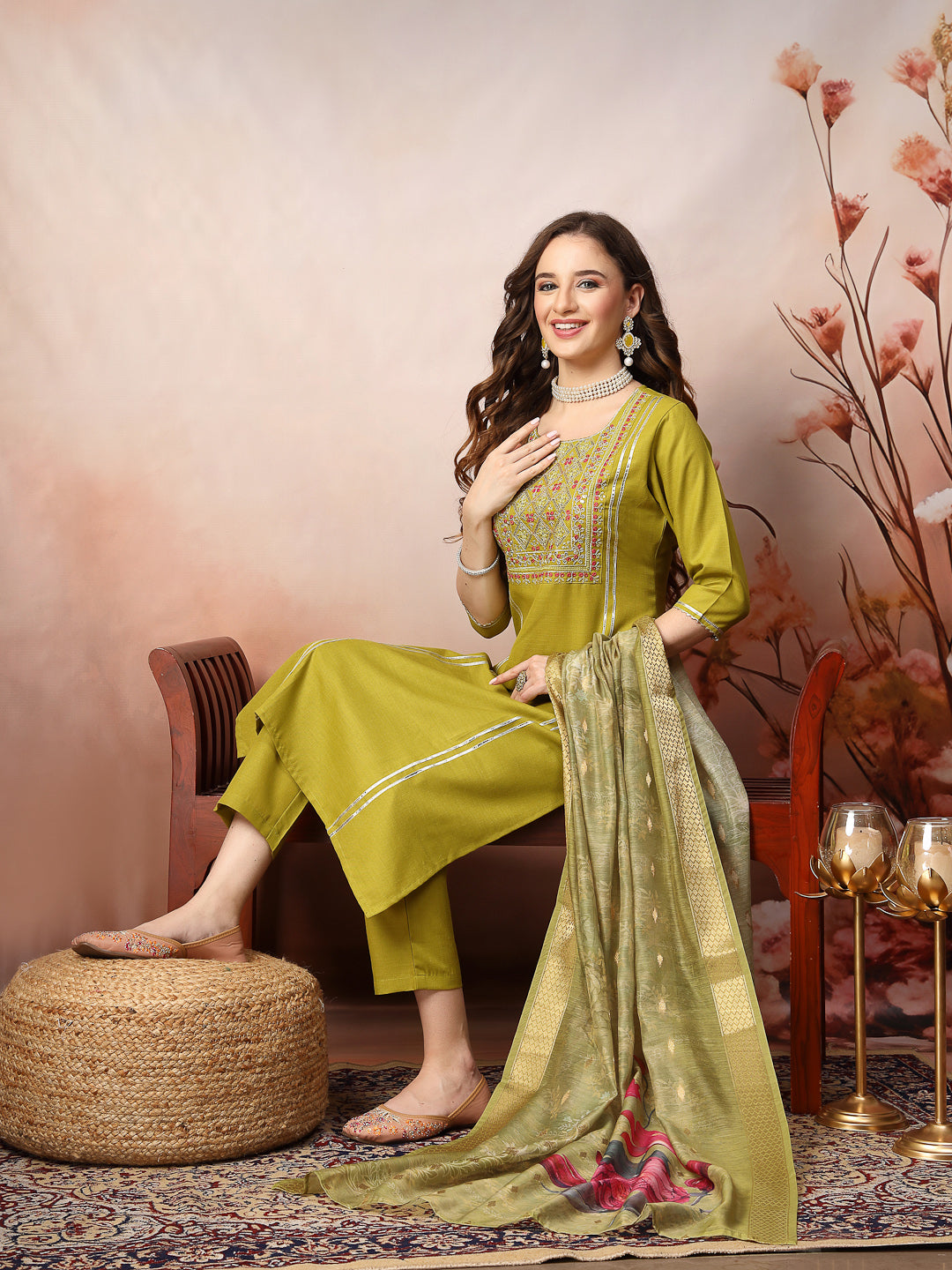 Green-Cotton-Blend-Embroidered-Straight-3-Piece-Kurta-Set