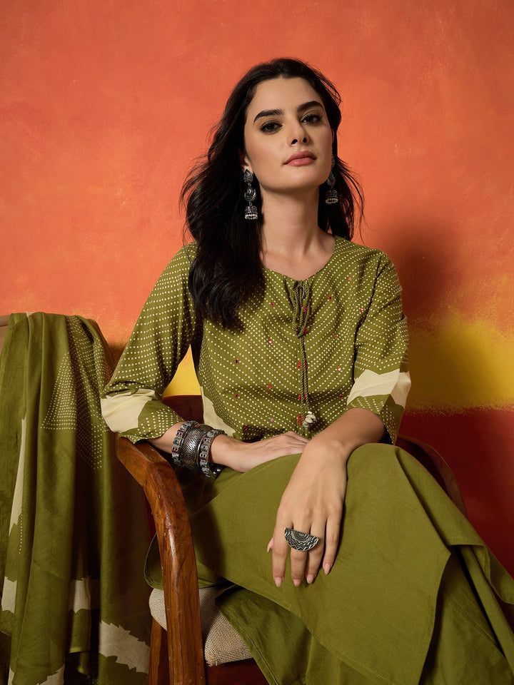 Green Bandhej Printed Cotton Straight Kurta Pant Dupatta Set