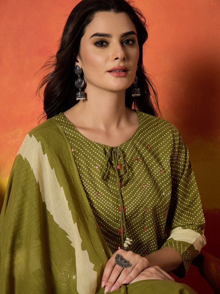 Green Bandhej Printed Cotton Straight Kurta Pant Dupatta Set