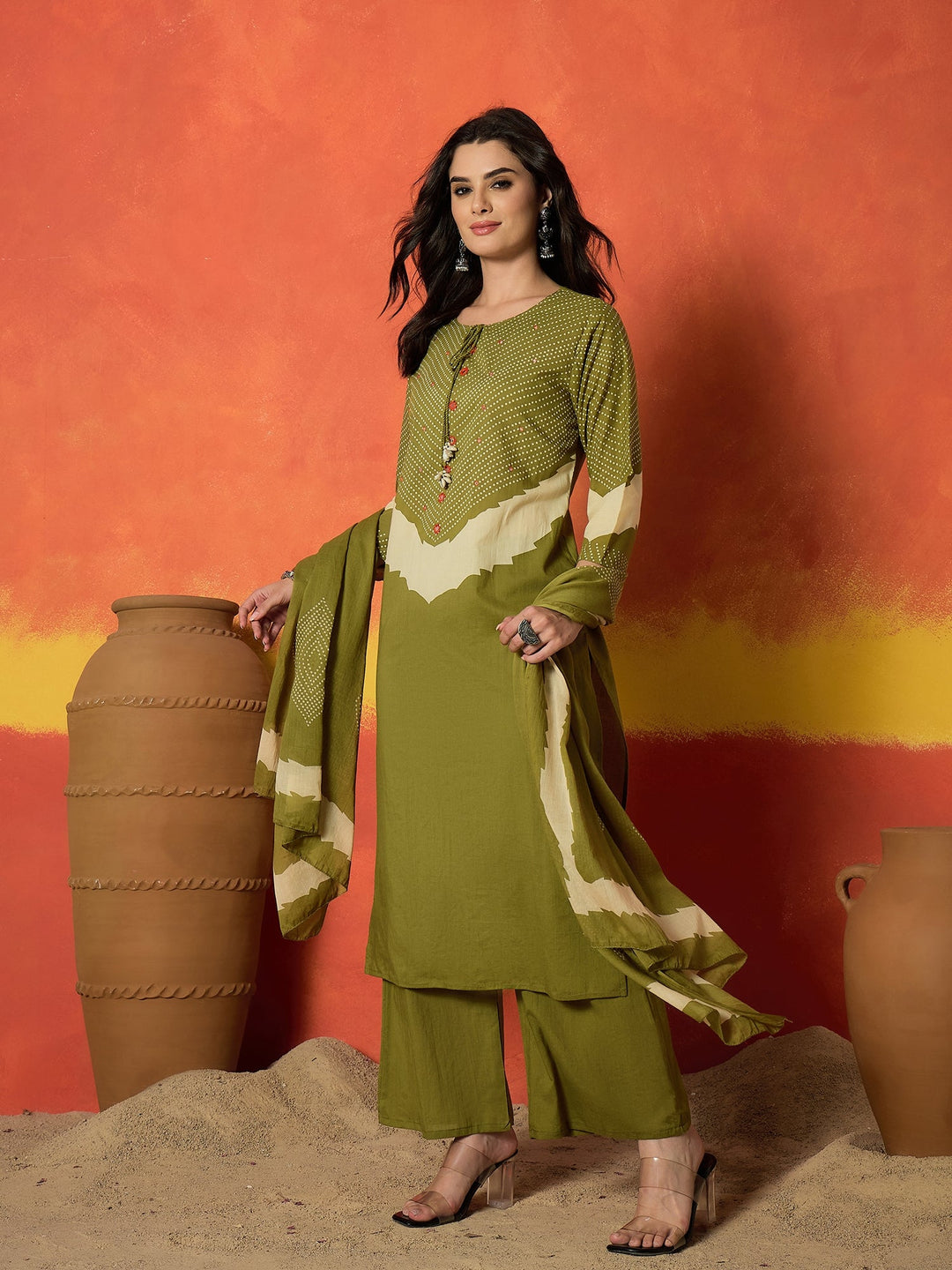 Green Bandhej Printed Cotton Straight Kurta Pant Dupatta Set