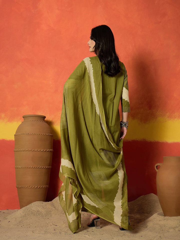 Green Bandhej Printed Cotton Straight Kurta Pant Dupatta Set