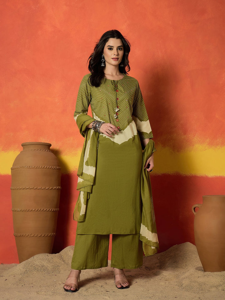 Green Bandhej Printed Cotton Straight Kurta Pant Dupatta Set