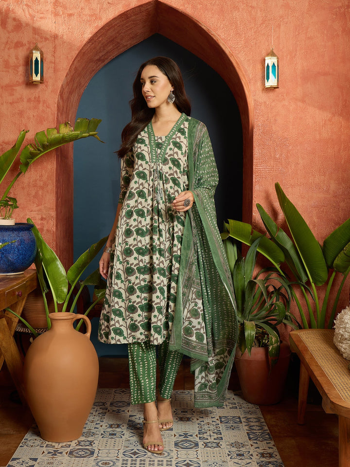 Green Floral Printed Cotton A-Line Kurta Pant Dupatta Set