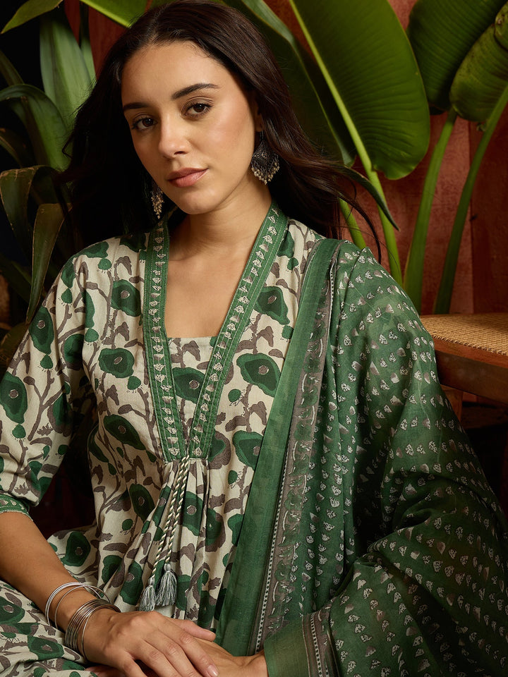 Green Floral Printed Cotton A-Line Kurta Pant Dupatta Set