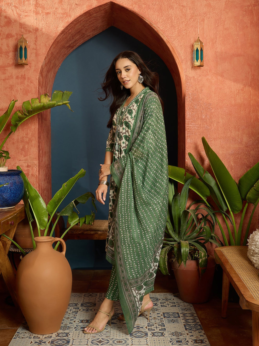 Green Floral Printed Cotton A-Line Kurta Pant Dupatta Set