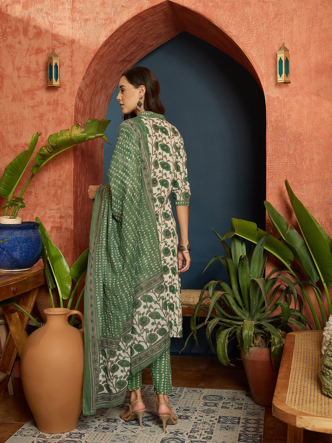Green Floral Printed Cotton A-Line Kurta Pant Dupatta Set