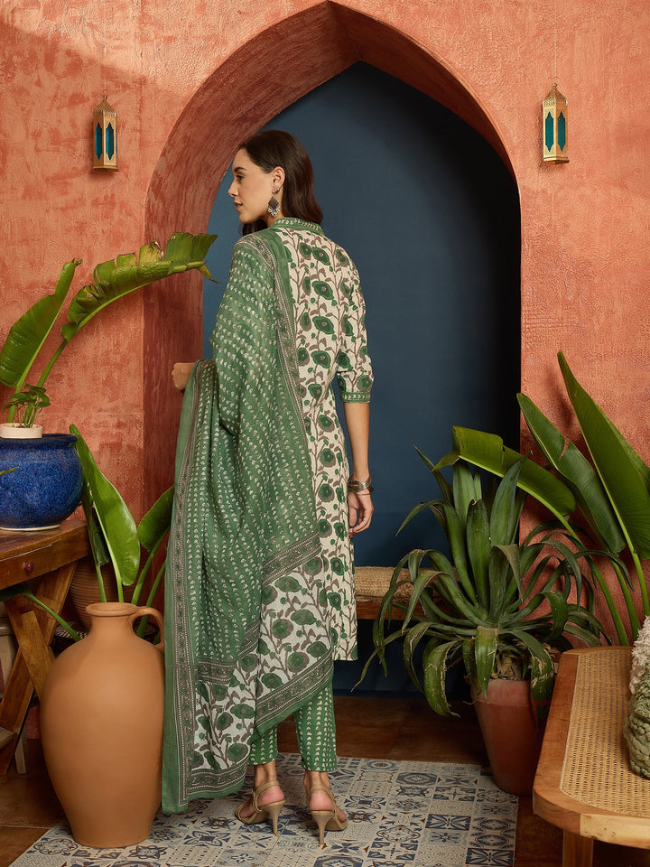 Green Floral Printed Cotton A-Line Kurta Pant Dupatta Set