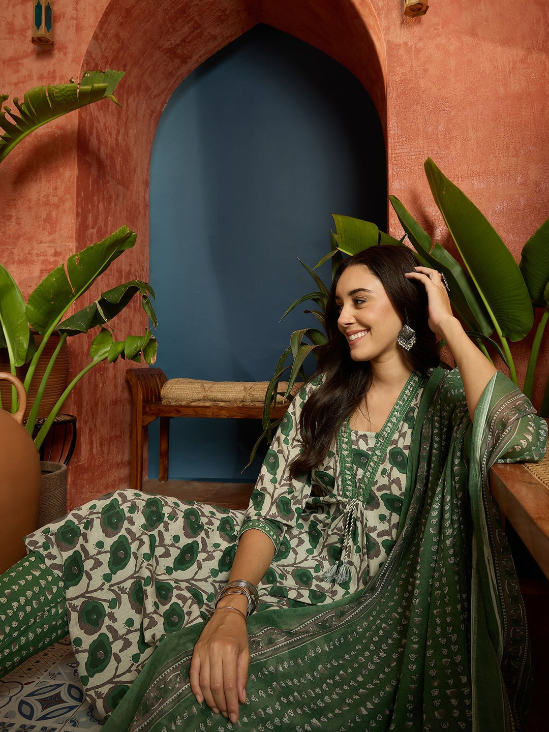 Green Floral Printed Cotton A-Line Kurta Pant Dupatta Set