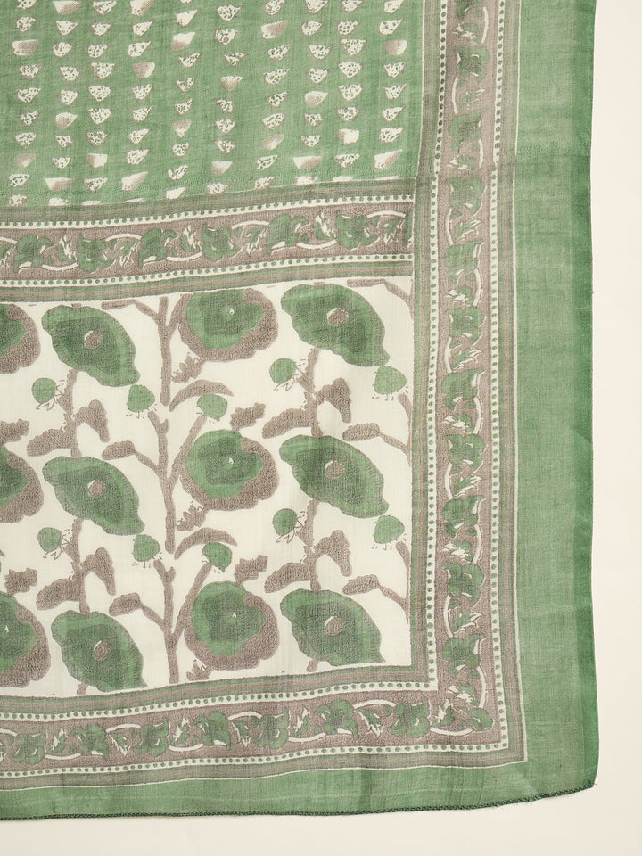 Green Floral Printed Cotton A-Line Kurta Pant Dupatta Set