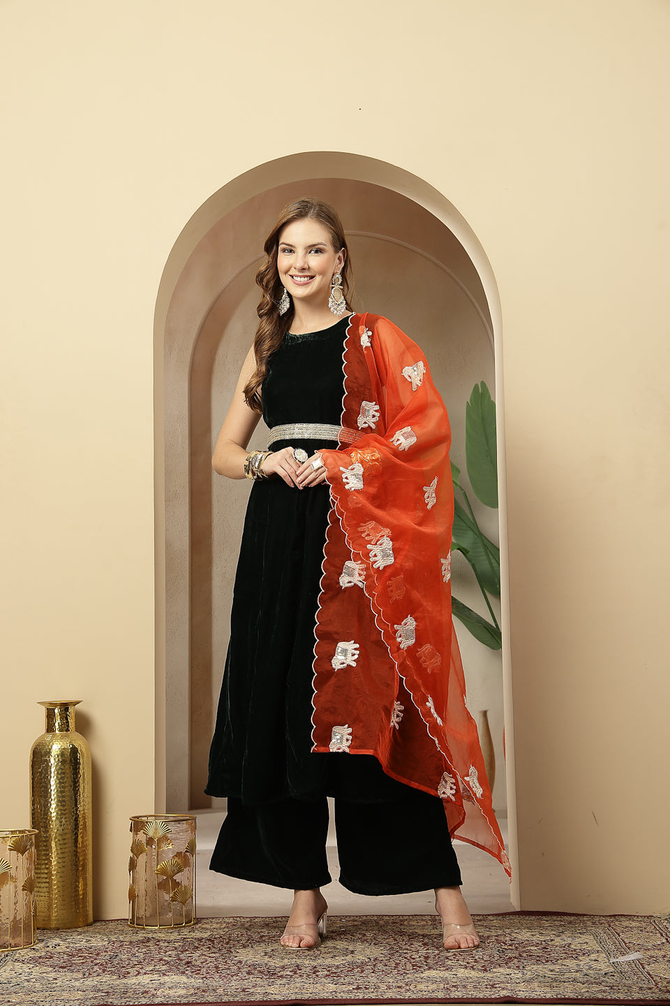 Green Solid Velvet Flared Kurta Palazzo Dupatta Set